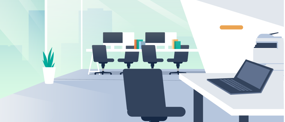 Illustration of workspaces with tables and laptops
