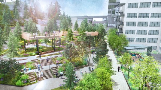 Parnassus Central Site Improvements (PCCSI) Project rendering - green pathway through campus