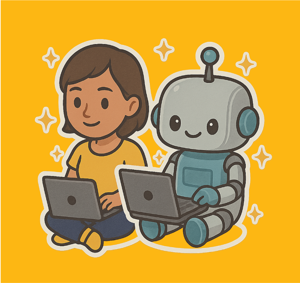 person and robot sitting together with laptops 