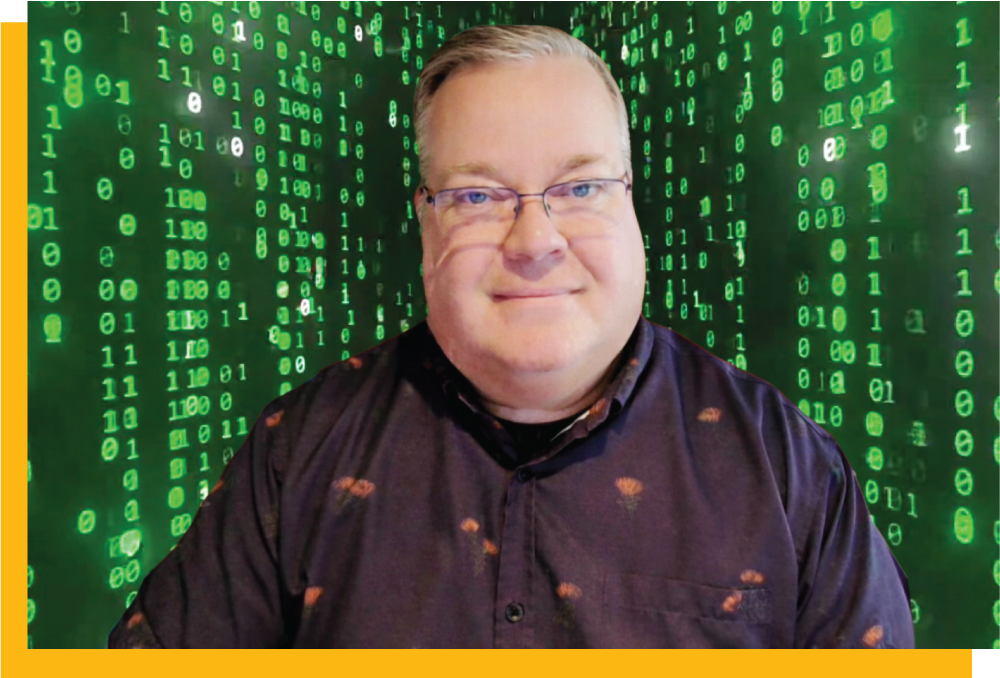 photo of Erik Wieland with binary code background