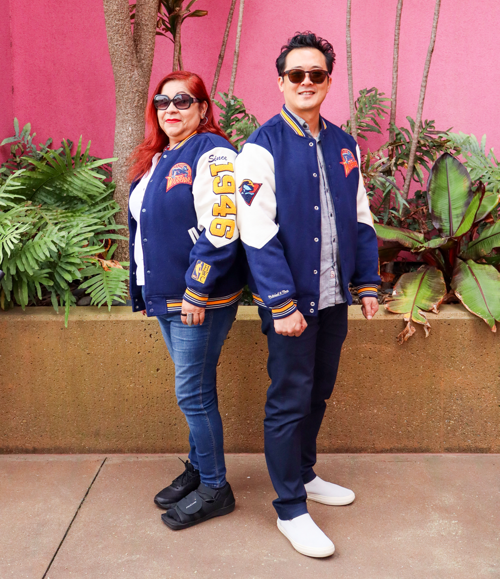 Yolanda (Yolie) Marquez and Mike Huang with sunglasses and pink background