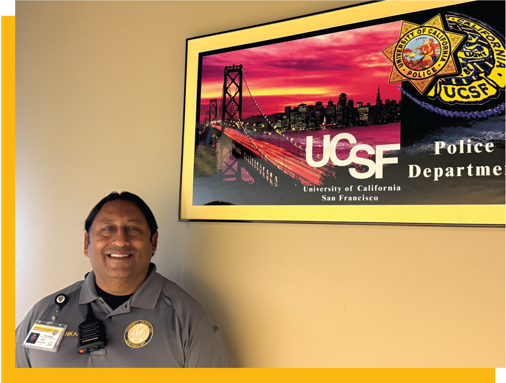 Ricky Shankar by the UCSF Police Department sign 